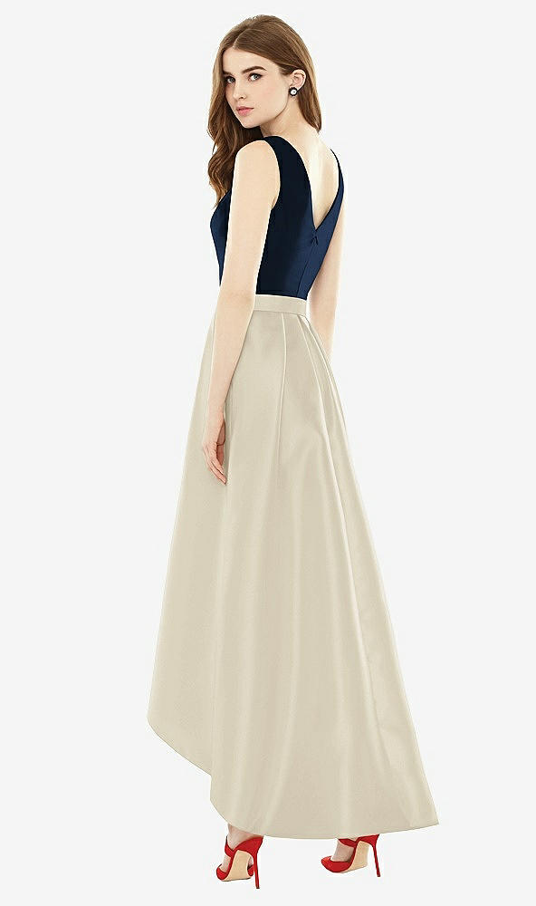 Back View - Champagne & Midnight Navy Sleeveless Pleated Skirt High Low Dress with Pockets