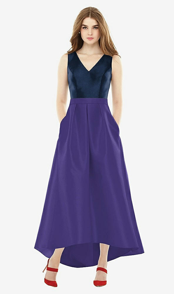 Front View - Grape & Midnight Navy Sleeveless Pleated Skirt High Low Dress with Pockets