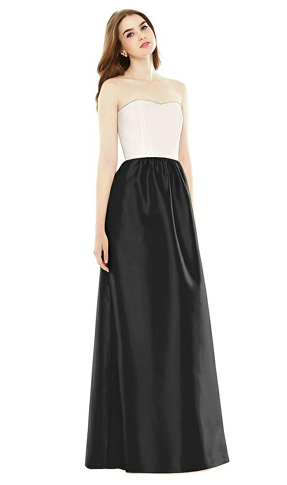Front View - Black & Ivory Full Length Strapless Satin Twill dress with Pockets