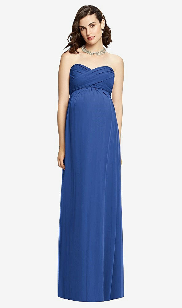Front View - Classic Blue Draped Bodice Strapless Maternity Dress