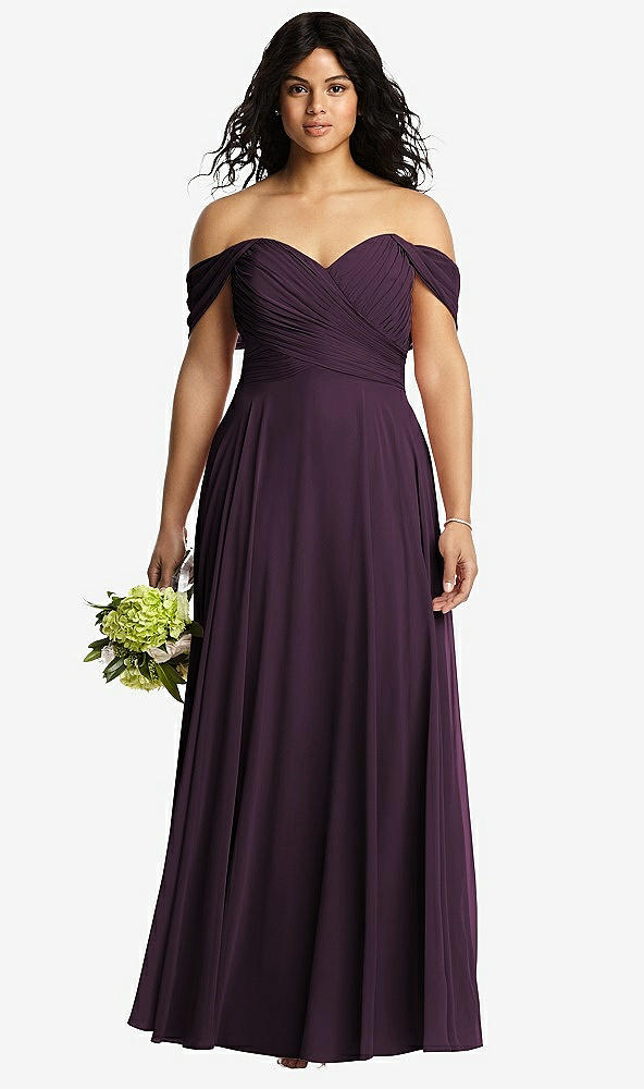 Front View - Aubergine Off-the-Shoulder Draped Chiffon Maxi Dress