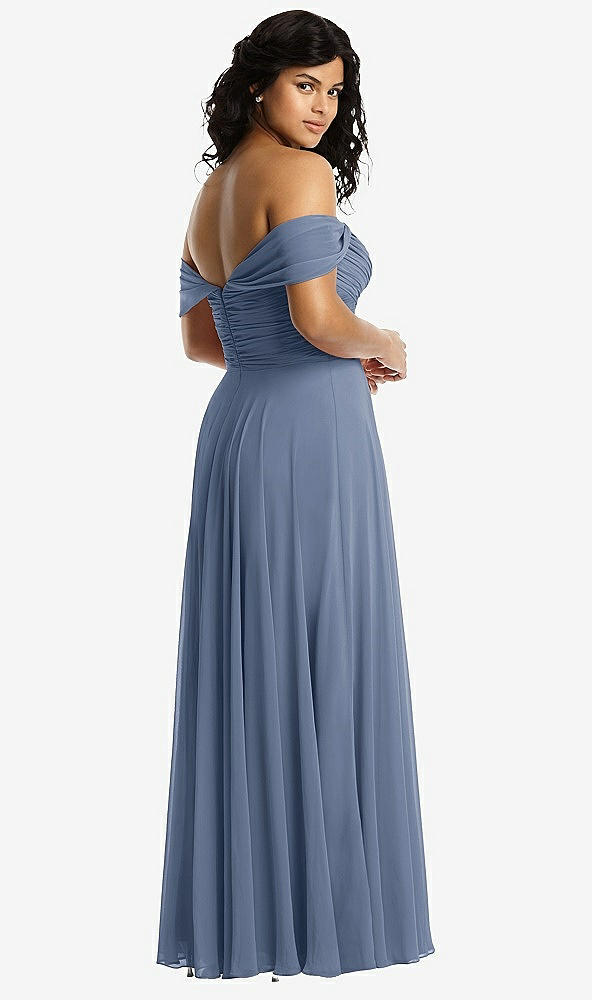 Back View - Larkspur Blue Off-the-Shoulder Draped Chiffon Maxi Dress