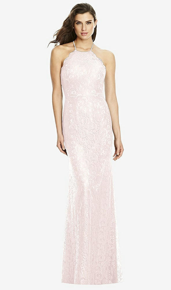 Front View - Blush Halter Criss Cross Open-Back Lace Trumpet Gown