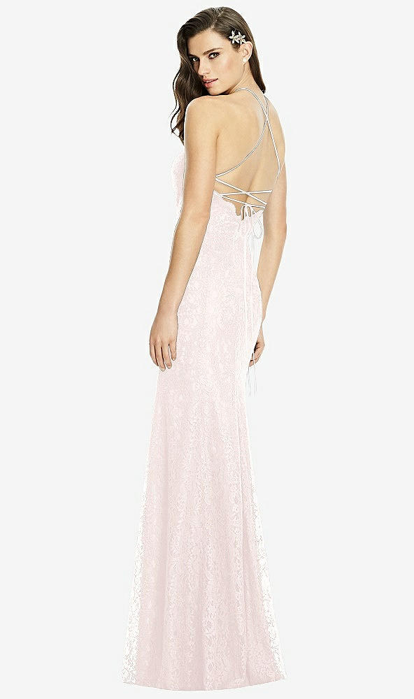 Back View - Blush Halter Criss Cross Open-Back Lace Trumpet Gown