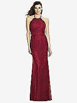 Front View Thumbnail - Burgundy Halter Criss Cross Open-Back Lace Trumpet Gown