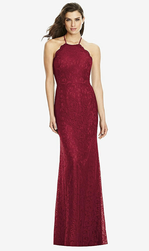 Front View - Burgundy Halter Criss Cross Open-Back Lace Trumpet Gown