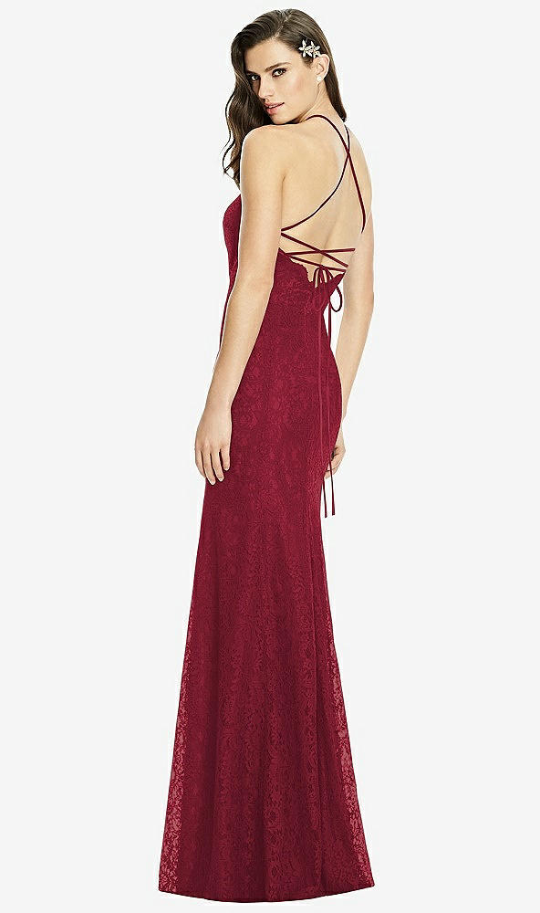Back View - Burgundy Halter Criss Cross Open-Back Lace Trumpet Gown