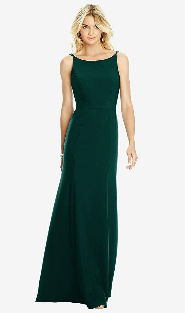 Back View - Evergreen Bateau Neck Open-Back Trumpet Gown