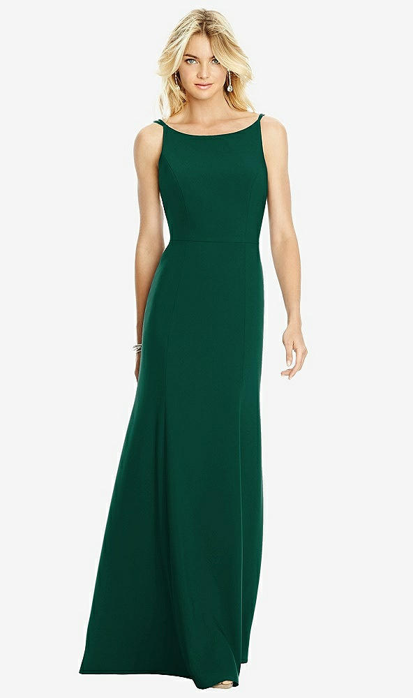 Back View - Hunter Green Bateau Neck Open-Back Trumpet Gown