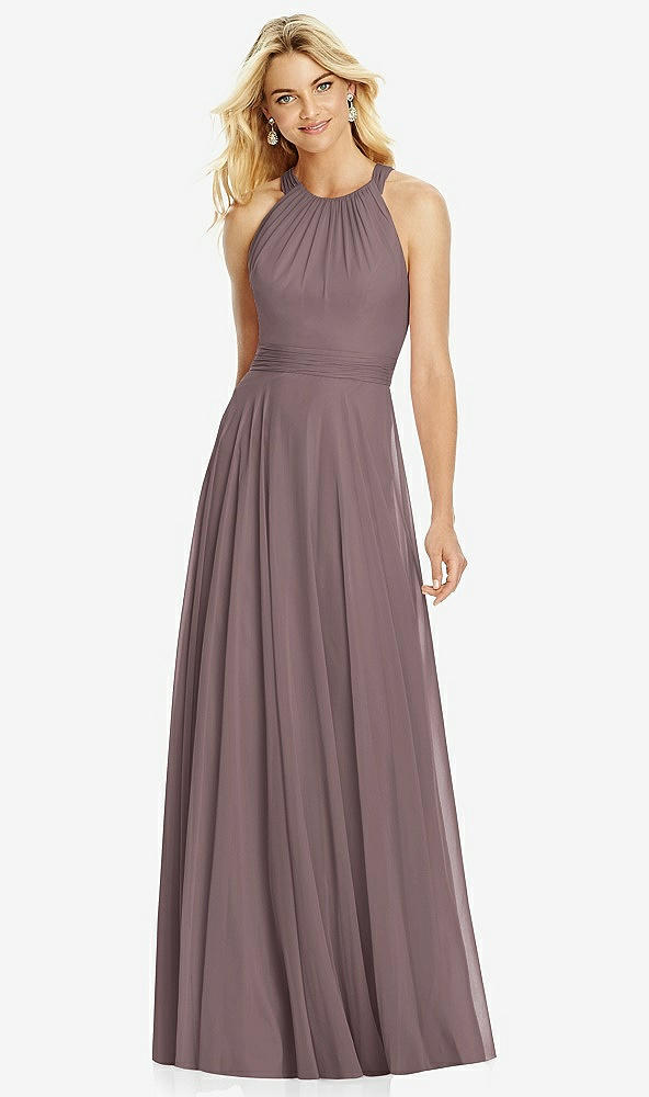 Front View - French Truffle Cross Strap Open-Back Halter Maxi Dress