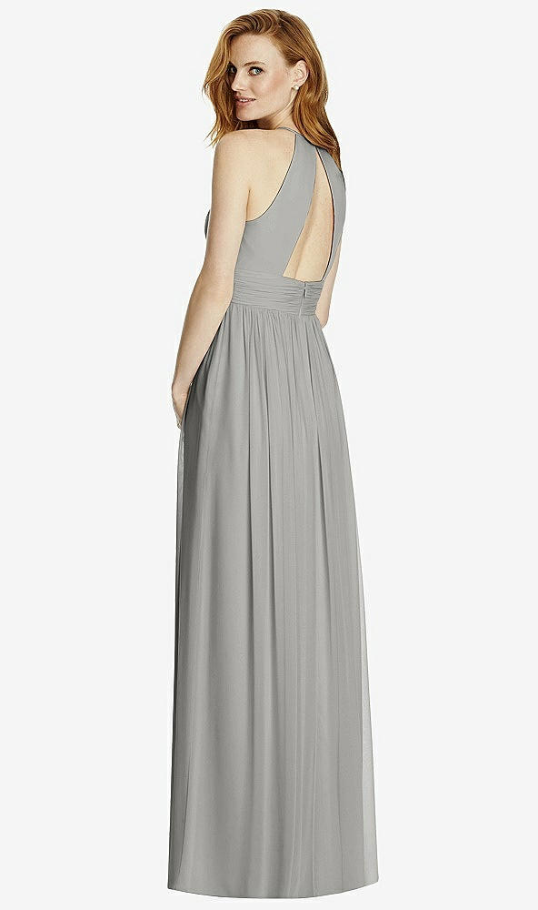 Back View - Chelsea Gray Cutout Open-Back Shirred Halter Maxi Dress