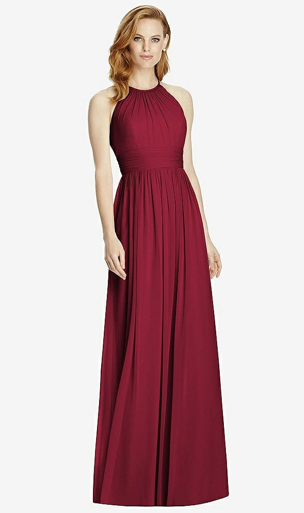 Front View - Burgundy Cutout Open-Back Shirred Halter Maxi Dress