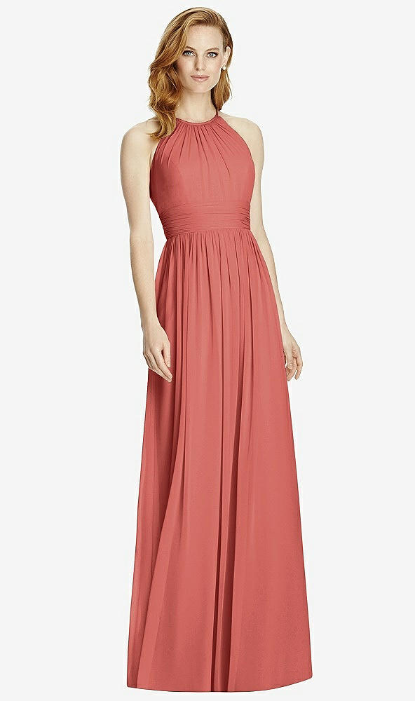 Front View - Coral Pink Cutout Open-Back Shirred Halter Maxi Dress