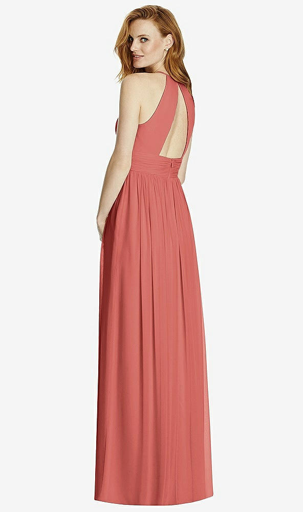 Back View - Coral Pink Cutout Open-Back Shirred Halter Maxi Dress
