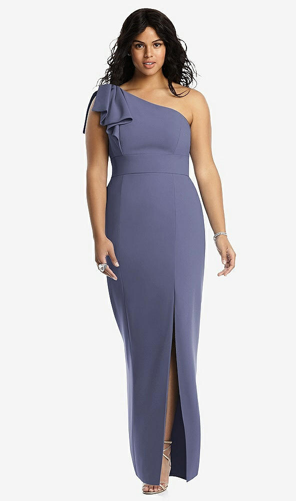 Front View - French Blue Bowed One-Shoulder Trumpet Gown