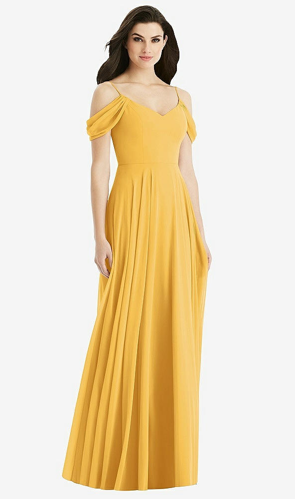 Back View - NYC Yellow Off-the-Shoulder Open Cowl-Back Maxi Dress