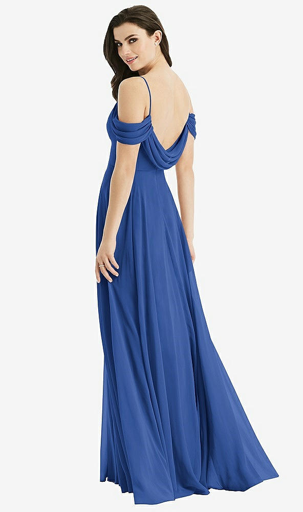 Front View - Classic Blue Off-the-Shoulder Open Cowl-Back Maxi Dress