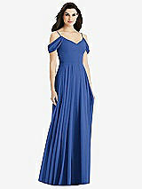 Rear View Thumbnail - Classic Blue Off-the-Shoulder Open Cowl-Back Maxi Dress