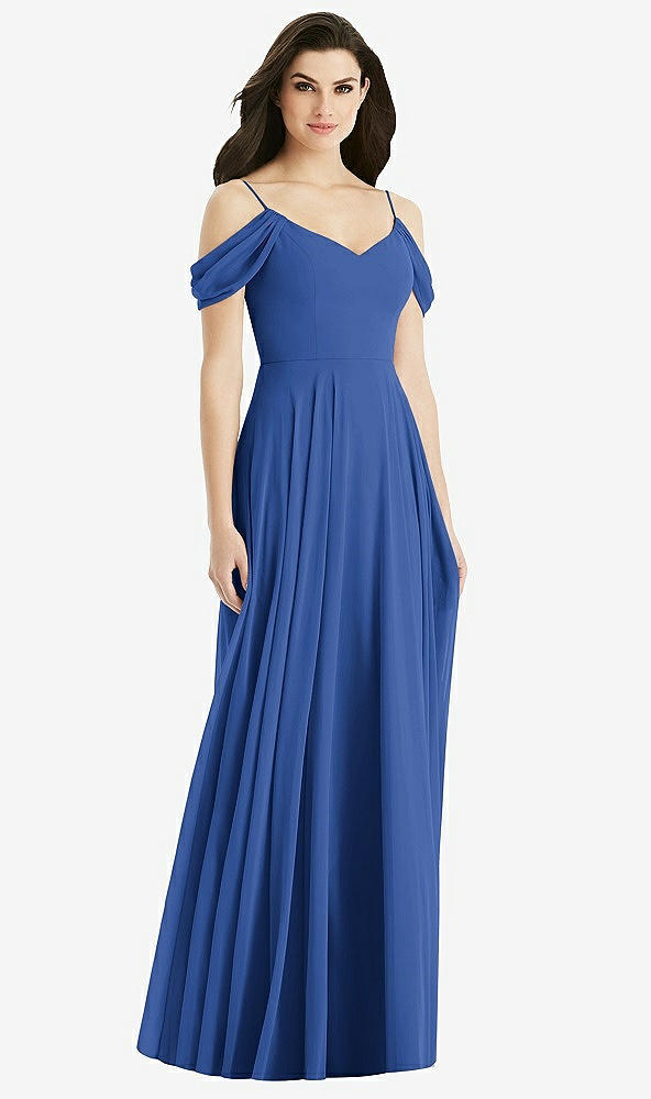 Back View - Classic Blue Off-the-Shoulder Open Cowl-Back Maxi Dress