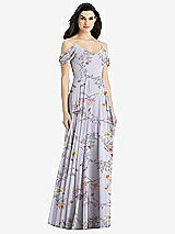 Rear View Thumbnail - Butterfly Botanica Silver Dove Off-the-Shoulder Open Cowl-Back Maxi Dress