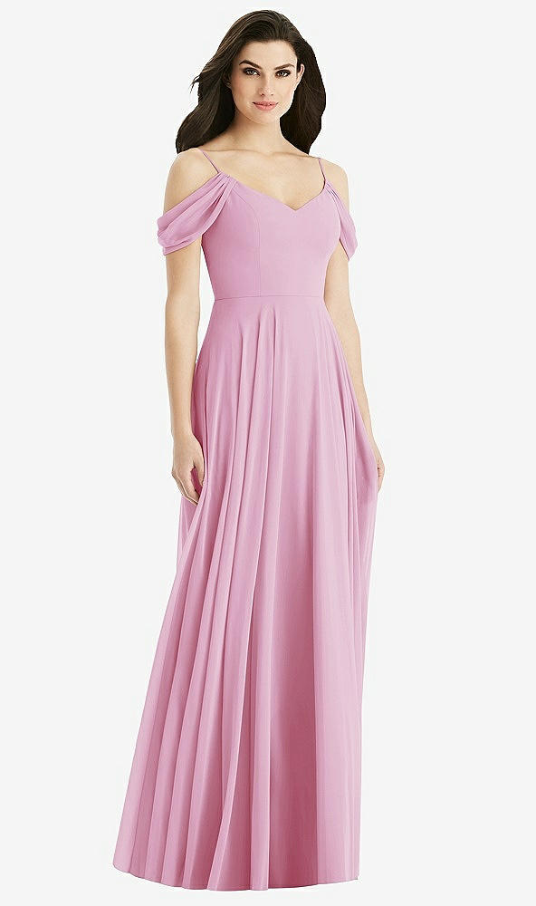 Back View - Powder Pink Off-the-Shoulder Open Cowl-Back Maxi Dress