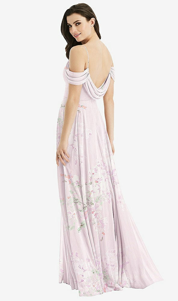Front View - Watercolor Print Off-the-Shoulder Open Cowl-Back Maxi Dress