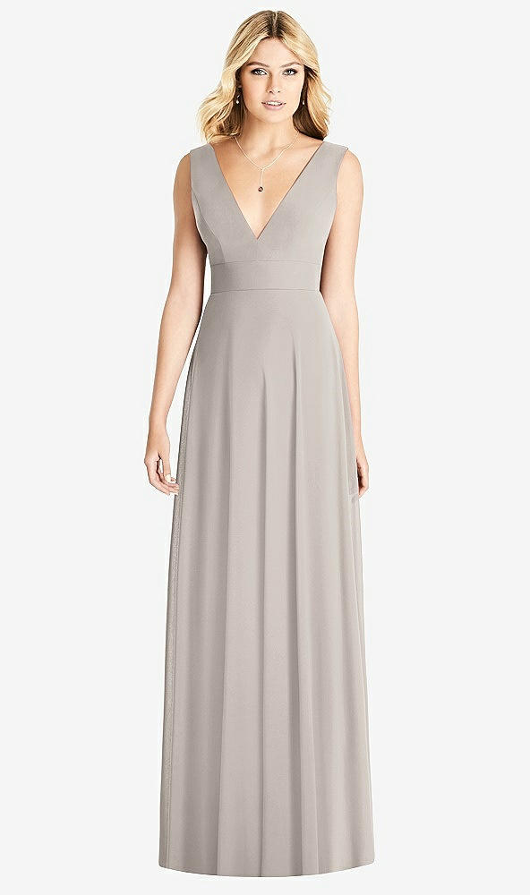 Front View - Taupe Sleeveless Deep V-Neck Open-Back Dress