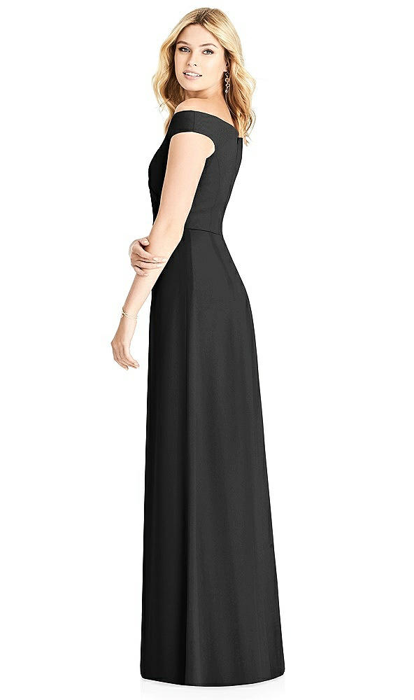 Back View - Black Off-the-Shoulder Pleated Bodice Dress with Front Slits