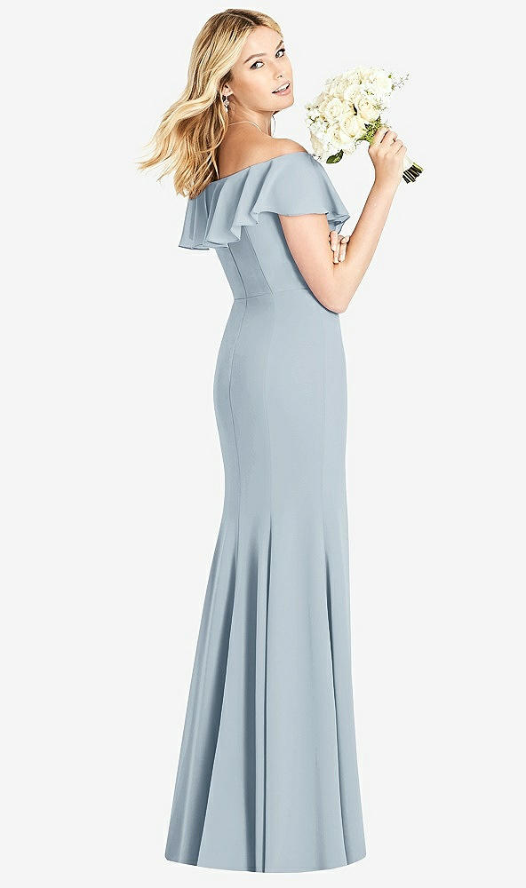 Back View - Mist Off-the-Shoulder Draped Ruffle Faux Wrap Trumpet Gown