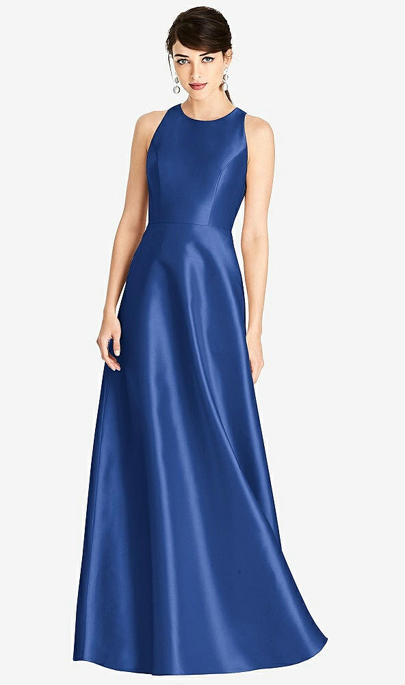 Front View - Classic Blue Sleeveless Open-Back Satin A-Line Dress