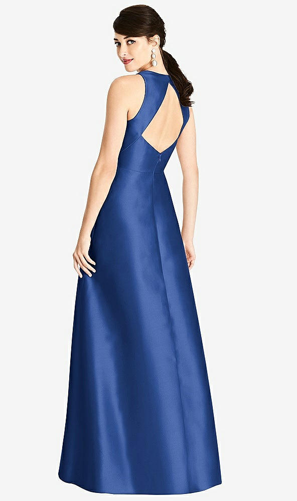 Back View - Classic Blue Sleeveless Open-Back Satin A-Line Dress