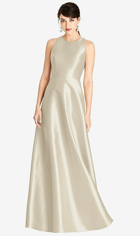 Front View - Champagne Sleeveless Open-Back Satin A-Line Dress