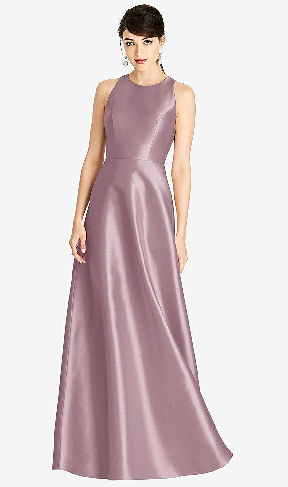 Front View - Dusty Rose Sleeveless Open-Back Satin A-Line Dress