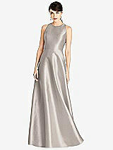 Front View Thumbnail - Taupe Sleeveless Open-Back Satin A-Line Dress