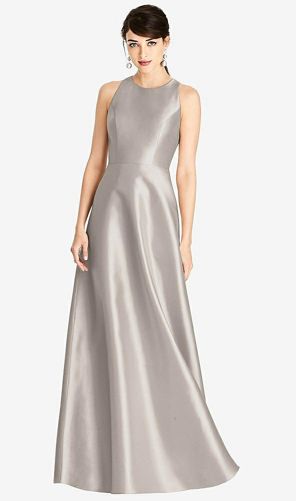 Front View - Taupe Sleeveless Open-Back Satin A-Line Dress