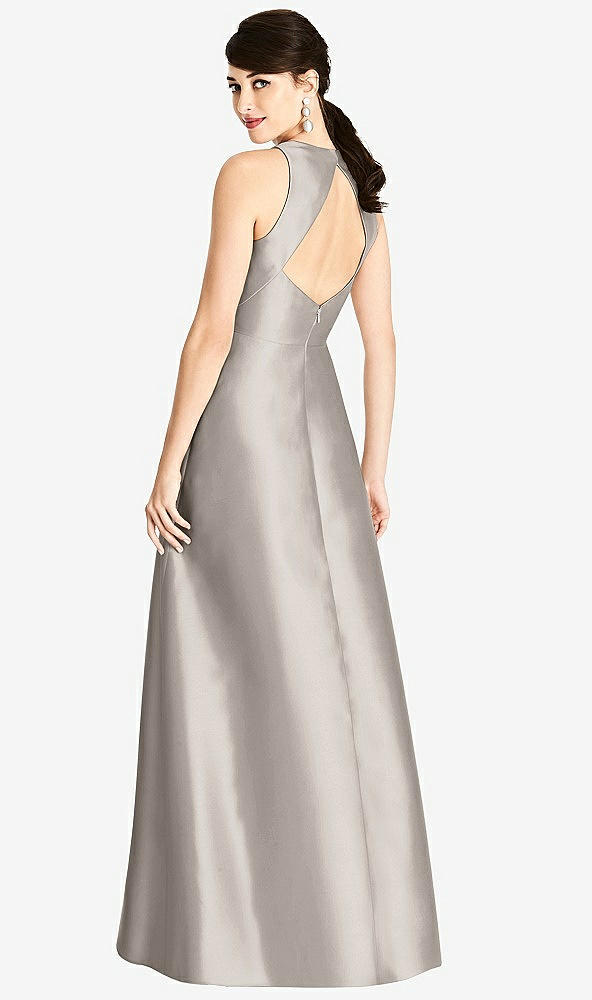 Back View - Taupe Sleeveless Open-Back Satin A-Line Dress