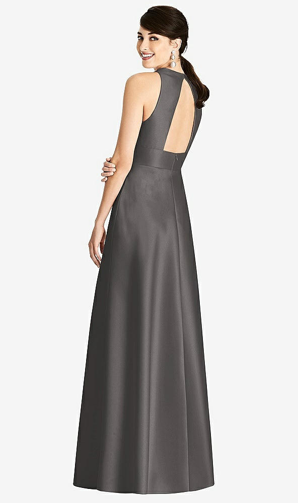 Back View - Caviar Gray Sleeveless Open-Back Pleated Skirt Dress with Pockets