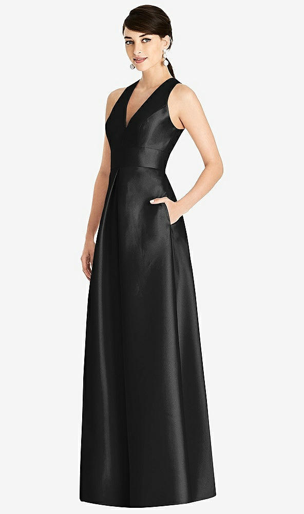 Front View - Black Sleeveless Open-Back Pleated Skirt Dress with Pockets