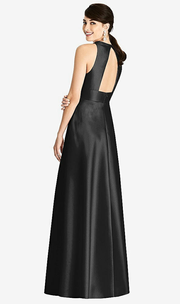 Back View - Black Sleeveless Open-Back Pleated Skirt Dress with Pockets