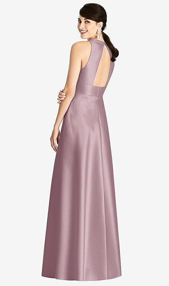 Back View - Dusty Rose Sleeveless Open-Back Pleated Skirt Dress with Pockets
