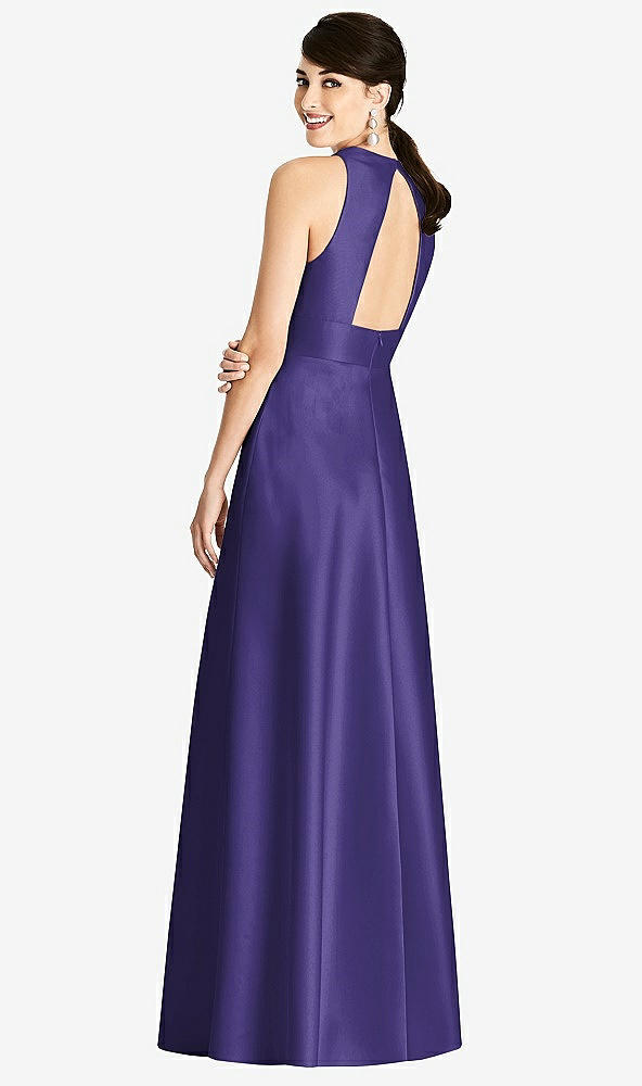 Back View - Grape Sleeveless Open-Back Pleated Skirt Dress with Pockets