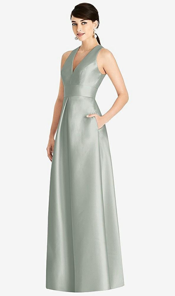 Front View - Willow Green Sleeveless Open-Back Pleated Skirt Dress with Pockets