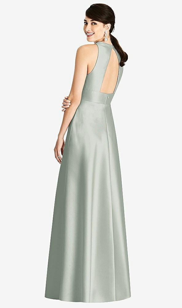 Back View - Willow Green Sleeveless Open-Back Pleated Skirt Dress with Pockets