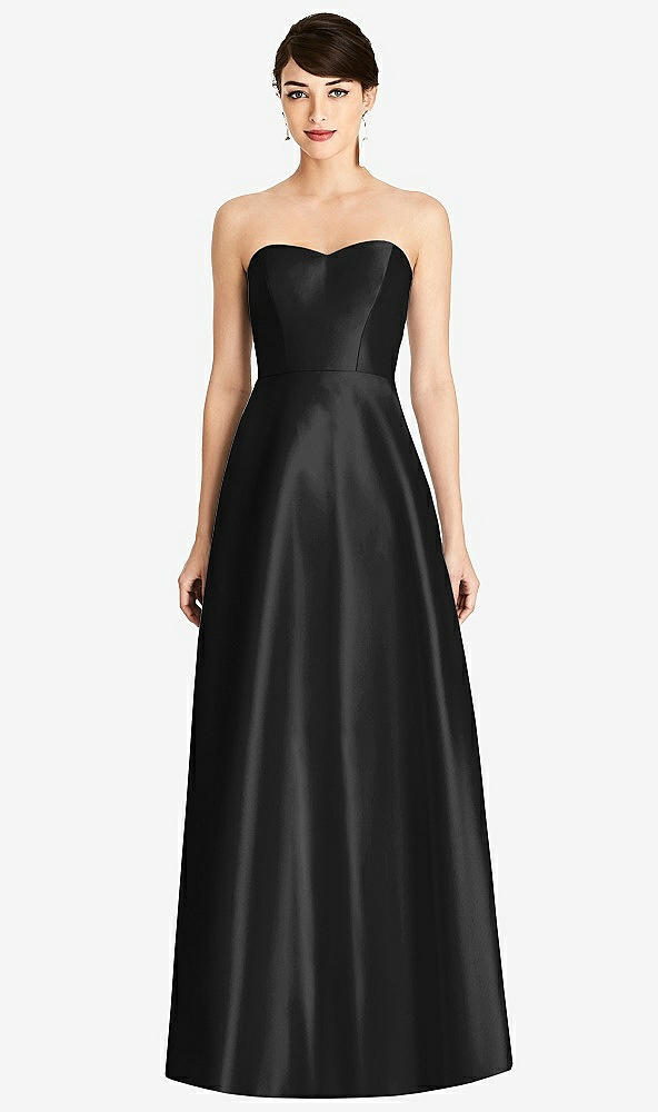 Front View - Black & Black Strapless A-Line Satin Dress with Pockets