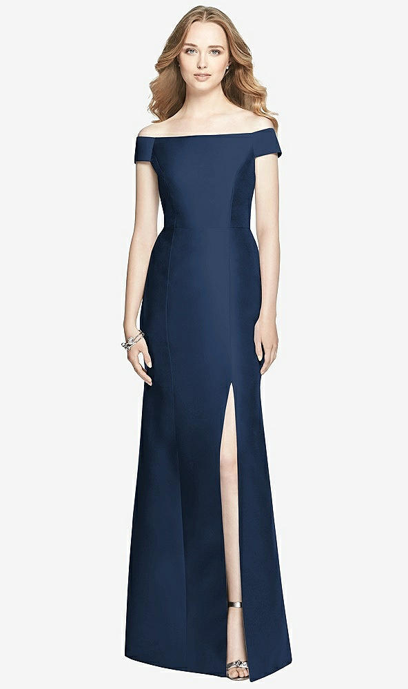 Front View - Midnight Navy Off-the-Shoulder Criss Cross Back Satin Dress