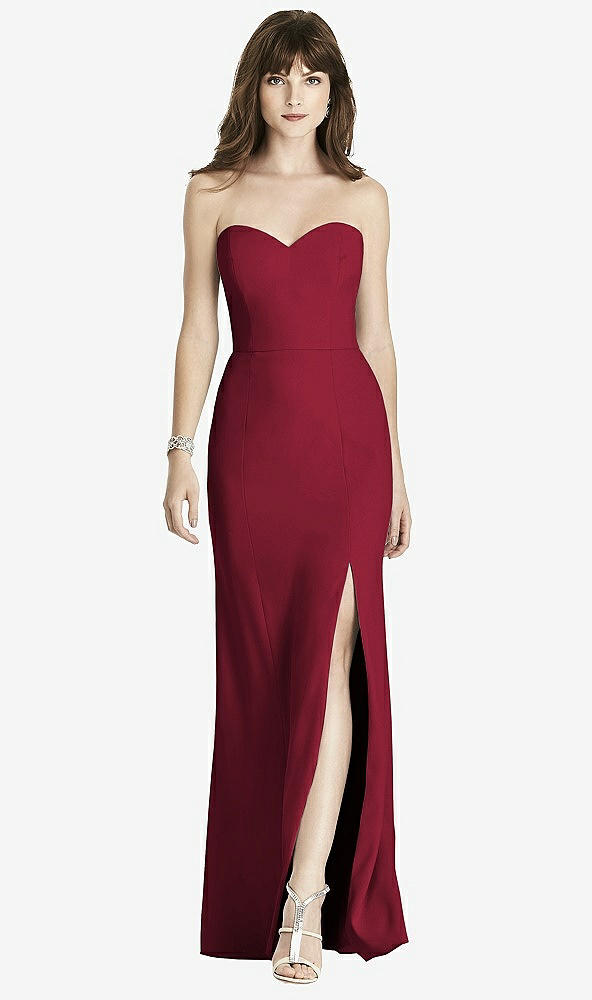 Front View - Burgundy Strapless Crepe Trumpet Gown with Front Slit