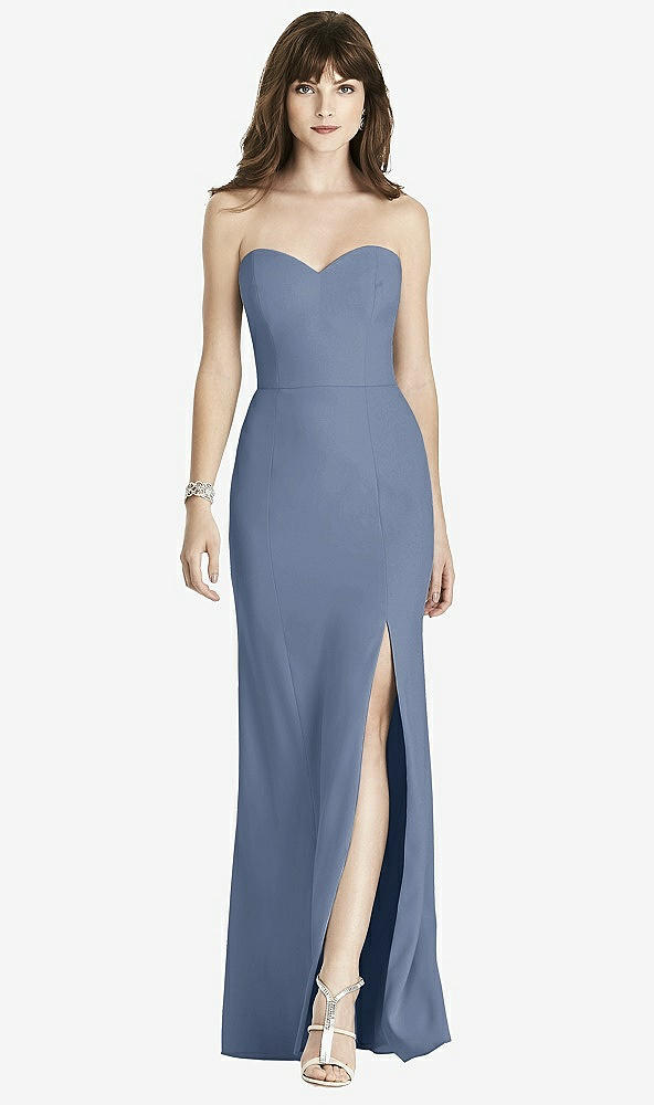 Front View - Larkspur Blue Strapless Crepe Trumpet Gown with Front Slit