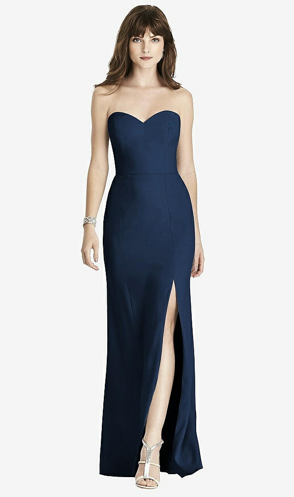 Front View - Midnight Navy Strapless Crepe Trumpet Gown with Front Slit