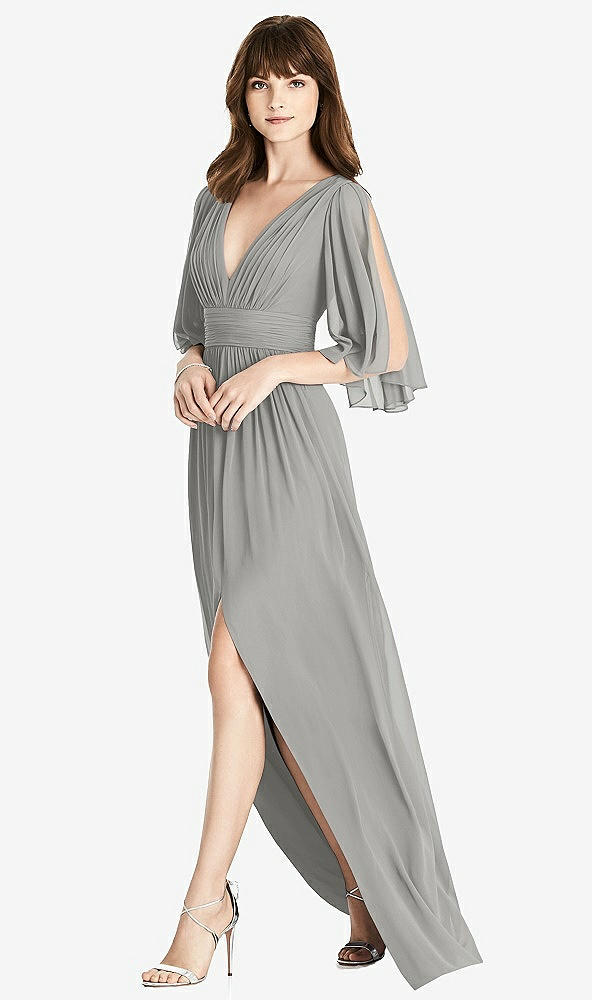 Front View - Chelsea Gray Split Sleeve Backless Chiffon Maxi Dress