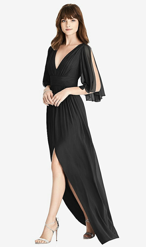 Front View - Black Split Sleeve Backless Chiffon Maxi Dress